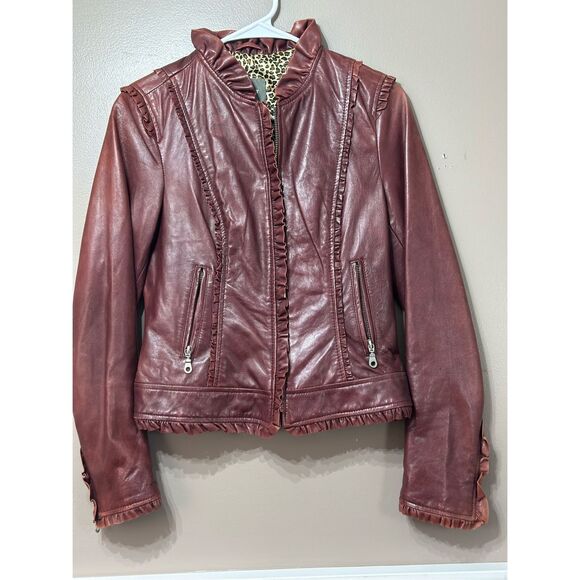 Kenna- T Frill Collar Y2K 90's Burgundy  100% Leather Jacket Women's Medium - Picture 1 of 11
